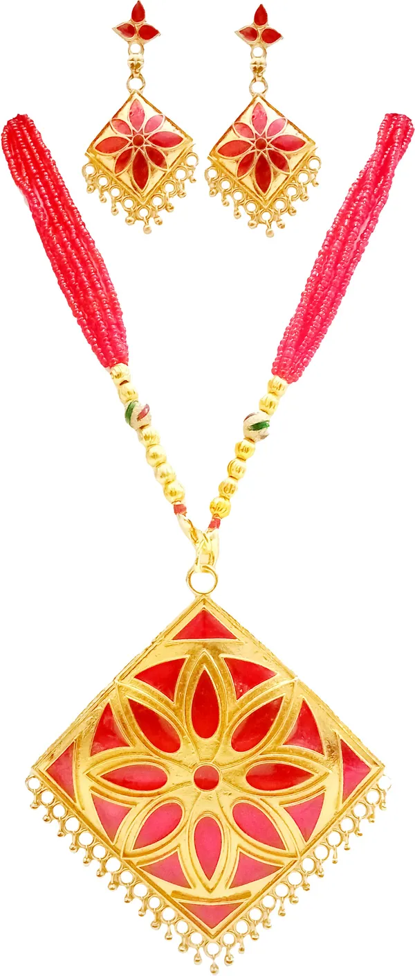 Assamese_Traditional_Gold_Plated_Red_Colour_Tassel_Jewellery_Set_For_Women_&_Girl
